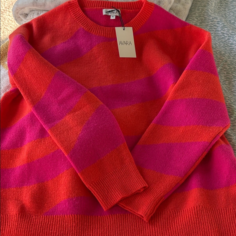 AVARA Women's Red and Pink Striped Penelope Sweater XL NWT